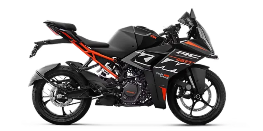 KTM RC 160 side view displaying orange chassis, engine and sporty fairing design