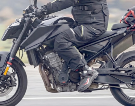 Next-generation KTM 790 Duke test mule seen during European road testing, showing revised body panels and sub-frame.