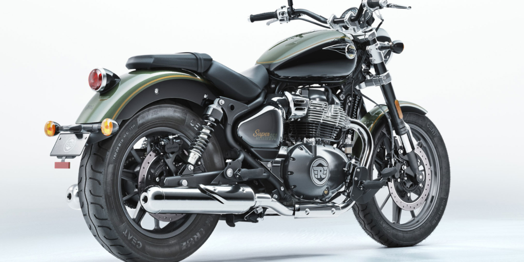 Royal Enfield Super Meteor 650 cruiser motorcycle side profile highlighting its classic design and 648cc parallel-twin engine