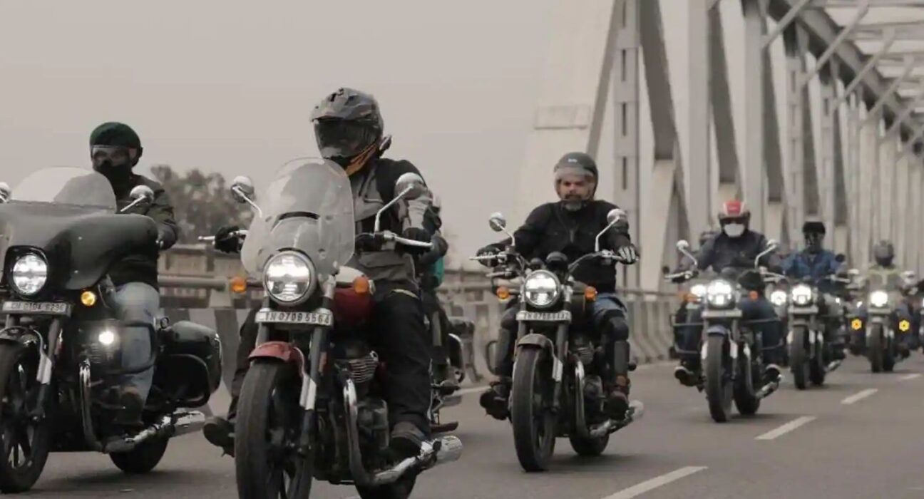 Riders participating in the nationwide anniversary ride celebrating three years of the Royal Enfield Super Meteor 650 organised by Royal Enfield