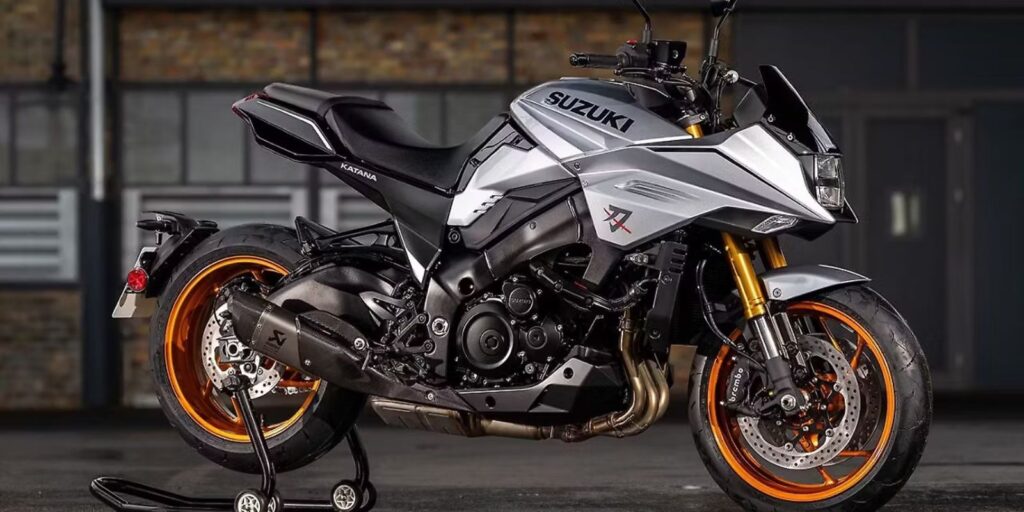 Suzuki Katana Limited Edition silver motorcycle with bronze wheels and neo-retro design