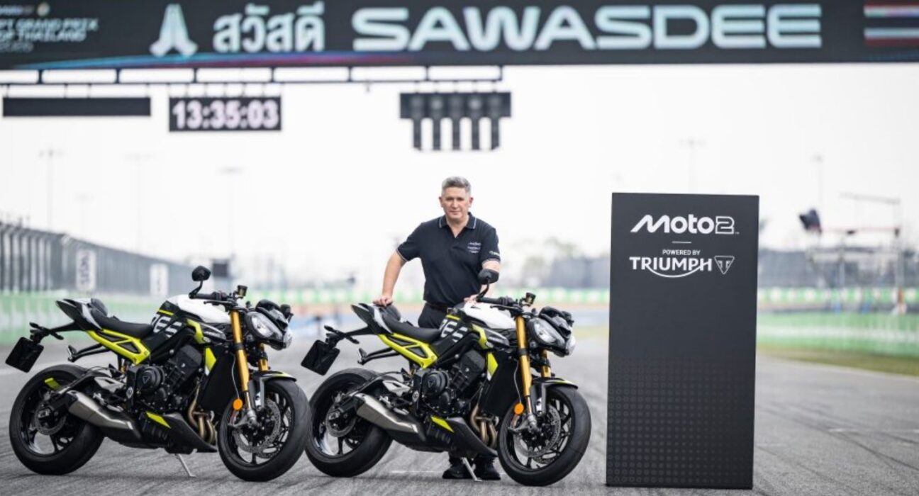 Two Street Triple 765 Moto2 Edition motorcycles revealed by Triumph Motorcycles as prize bikes for the 2026 Triple Trophy at a racetrack