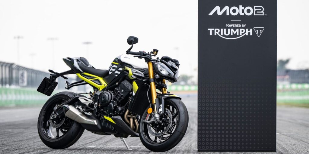 Side view of the Street Triple 765 Moto2 Edition motorcycle revealed by Triumph Motorcycles for the 2026 Triple Trophy.